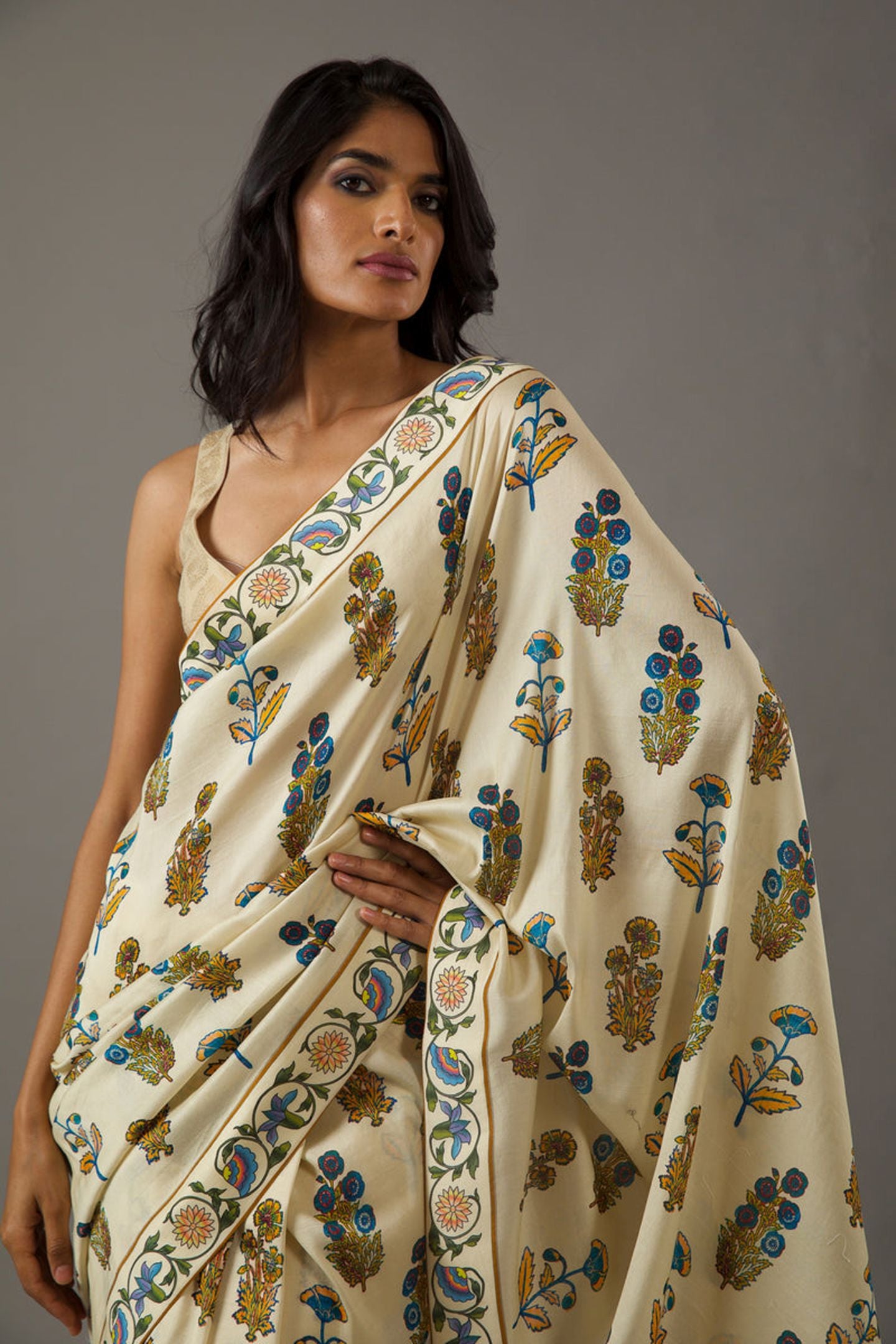 Beige Bright Moss Digital Printed Party Wear Saree