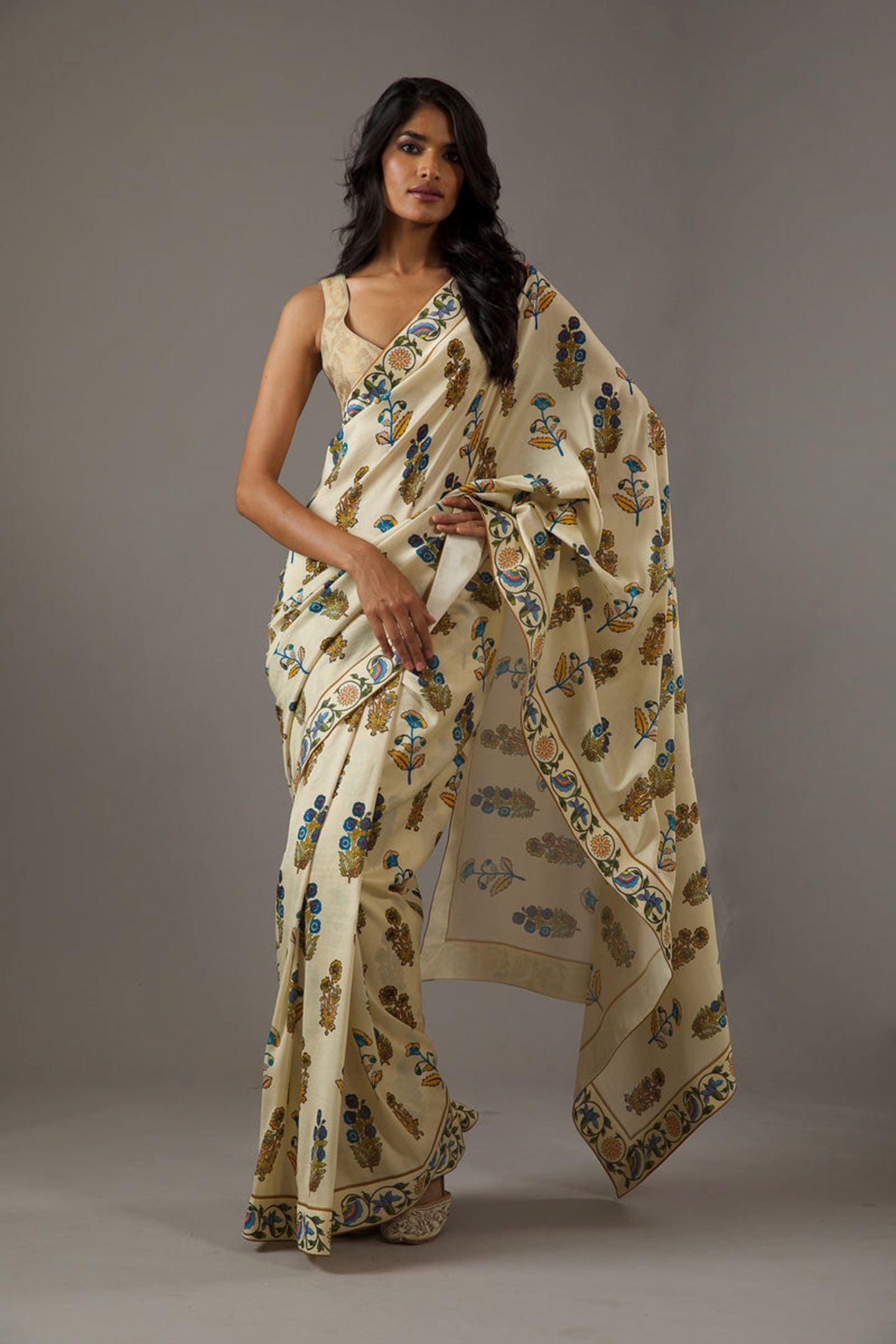 Beige Bright Moss Digital Printed Party Wear Saree