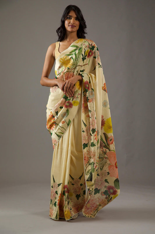 Yellow Bright Moss Digital Printed Party Wear Saree