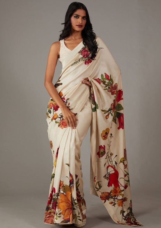 Off White Bright Moss Digital Printed Party Wear Saree