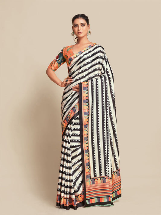 Black Bright Moss Digital Printed Party Wear Saree with Orange Blouse