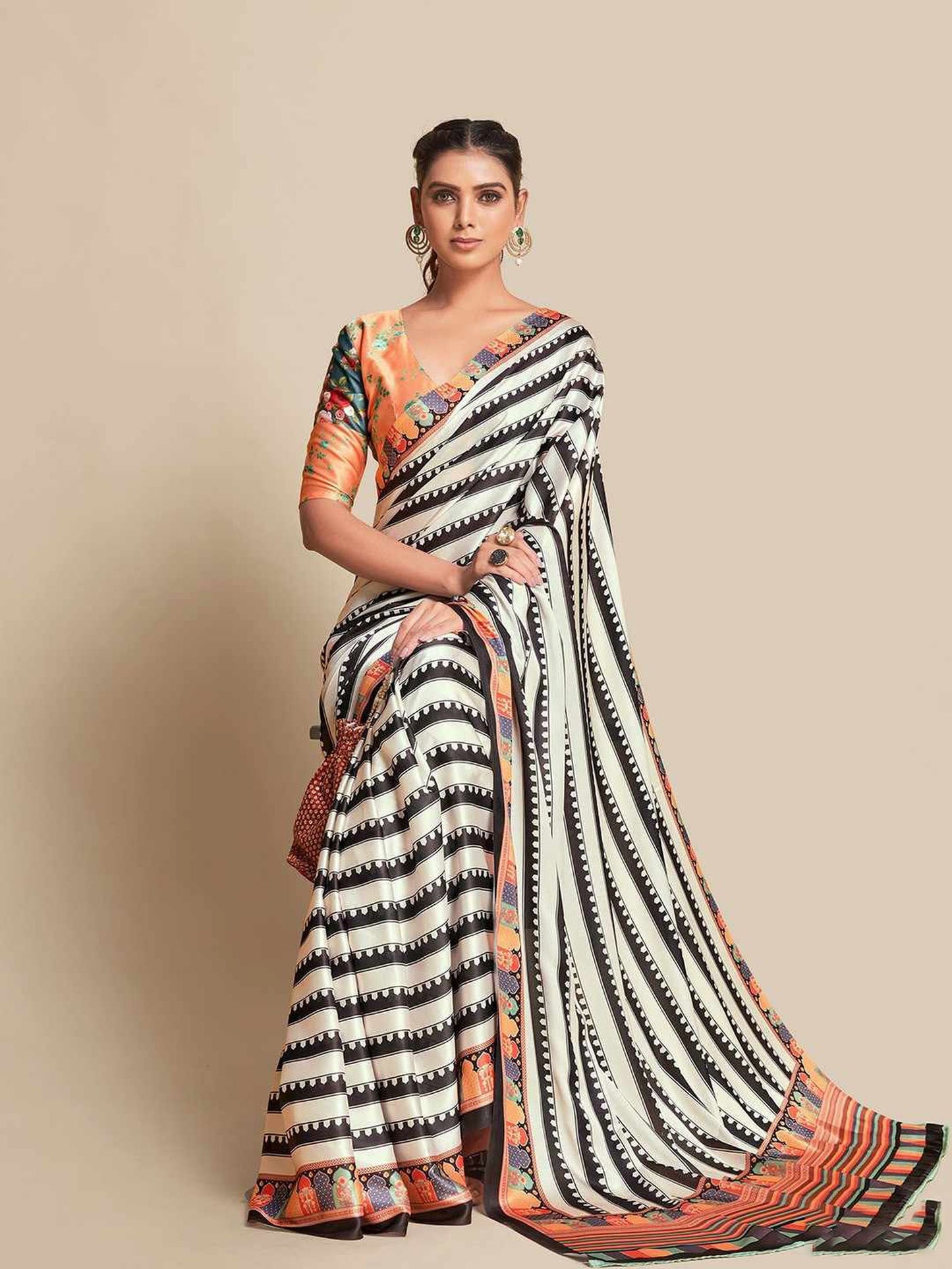 Black Bright Moss Digital Printed Party Wear Saree with Orange Blouse