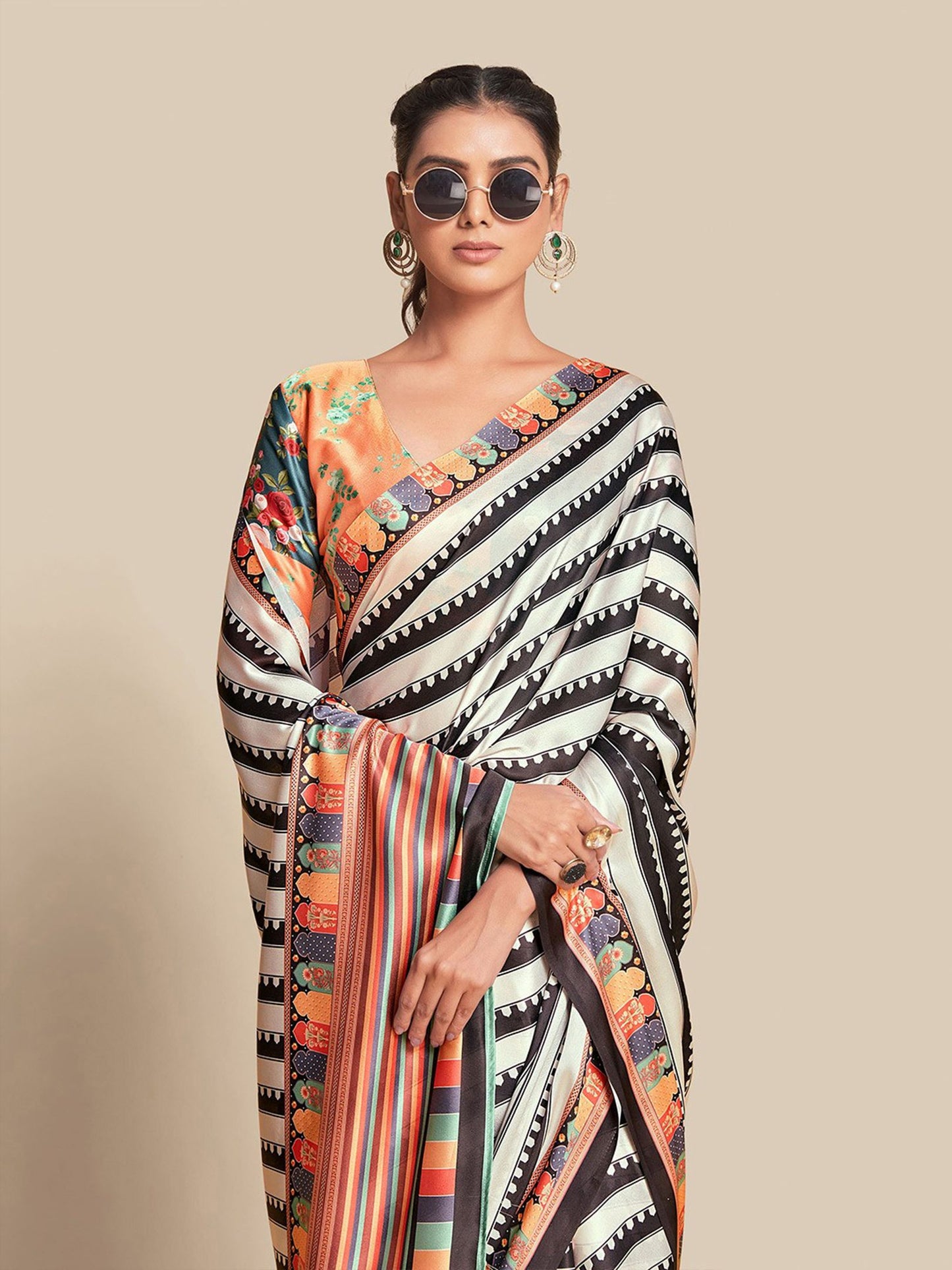 Black Bright Moss Digital Printed Party Wear Saree with Orange Blouse