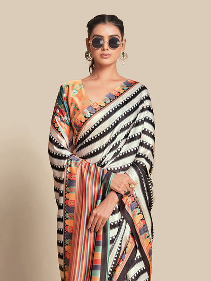 Black Bright Moss Digital Printed Party Wear Saree with Orange Blouse