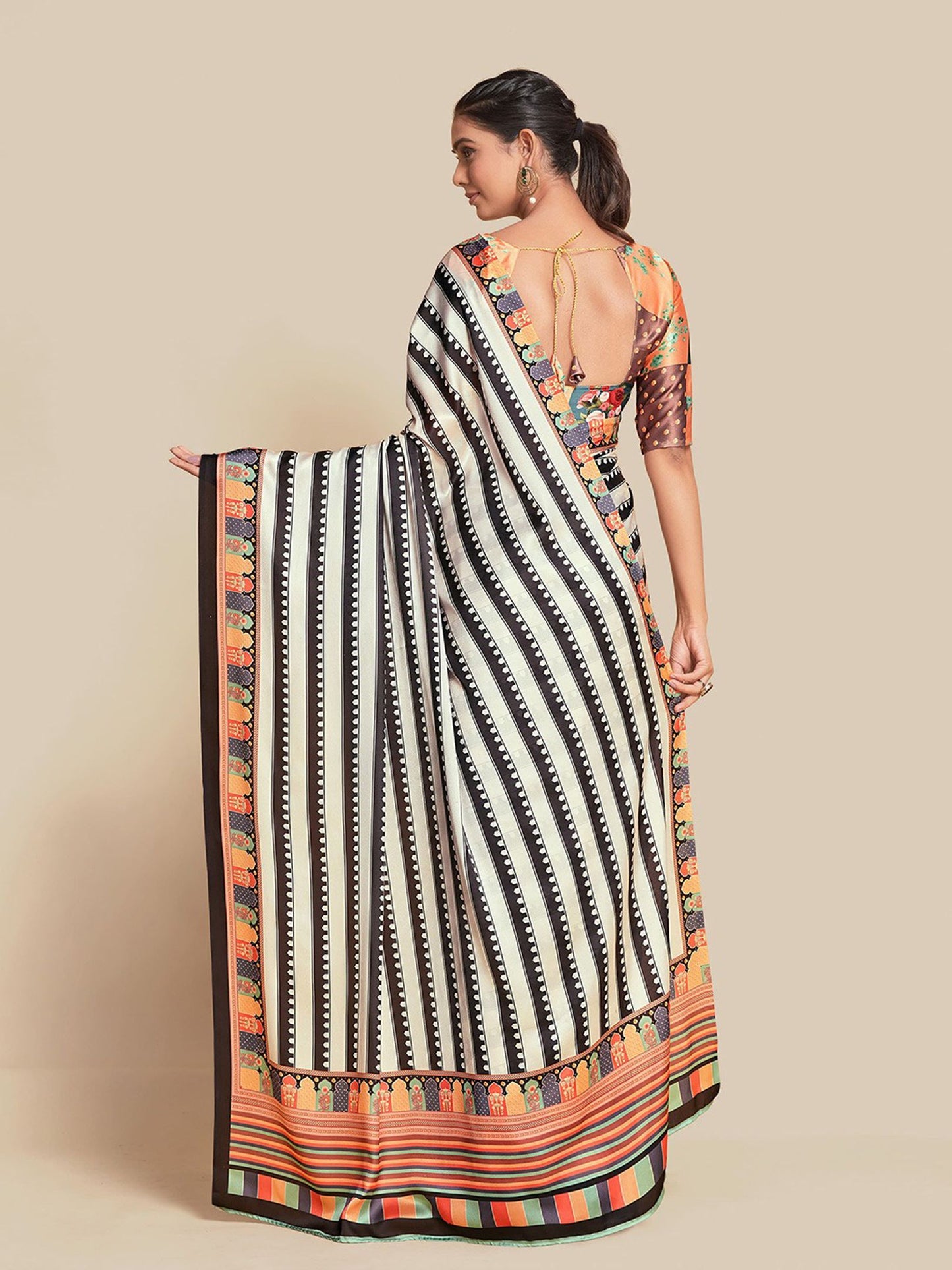 Black Bright Moss Digital Printed Party Wear Saree with Orange Blouse