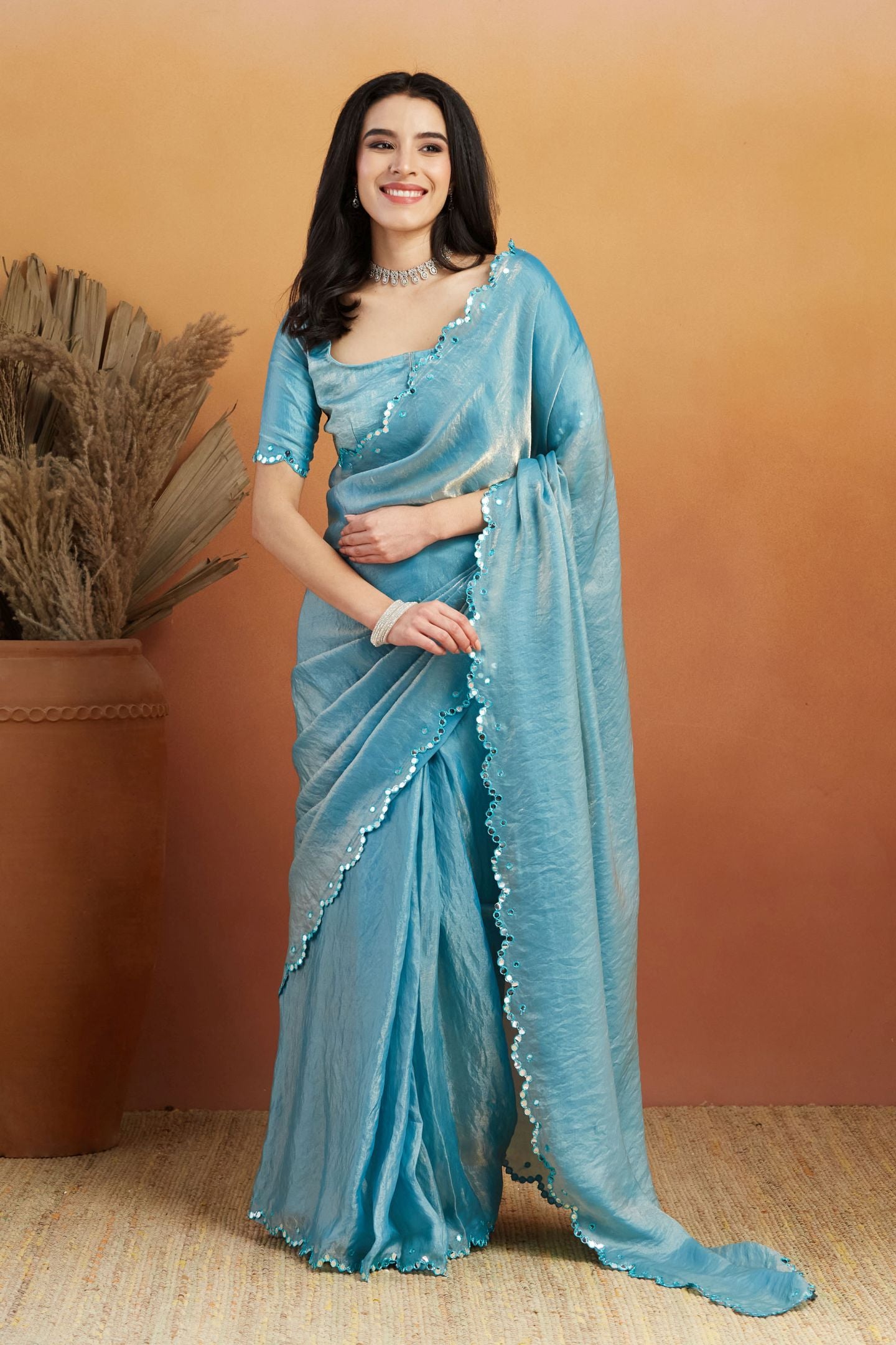 Sky Blue Satin Ready-to-Wear Saree: Designer Embroidery Work Border