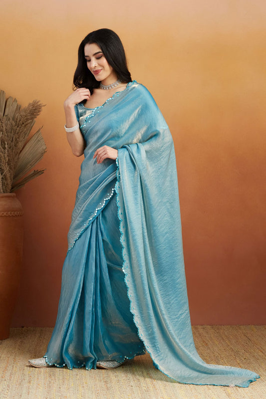Sky Blue Satin Ready-to-Wear Saree: Designer Embroidery Work Border