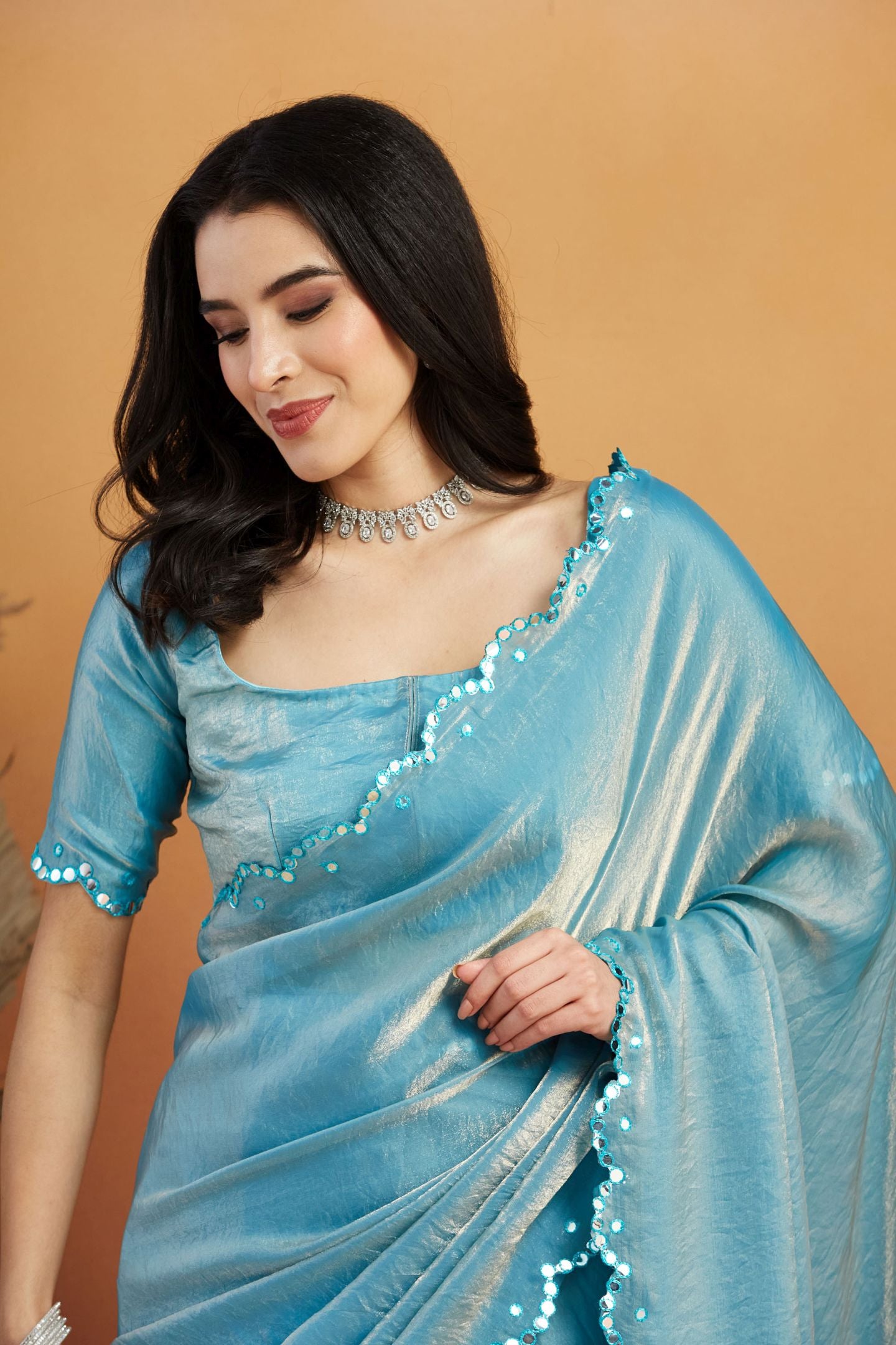Sky Blue Satin Ready-to-Wear Saree: Designer Embroidery Work Border