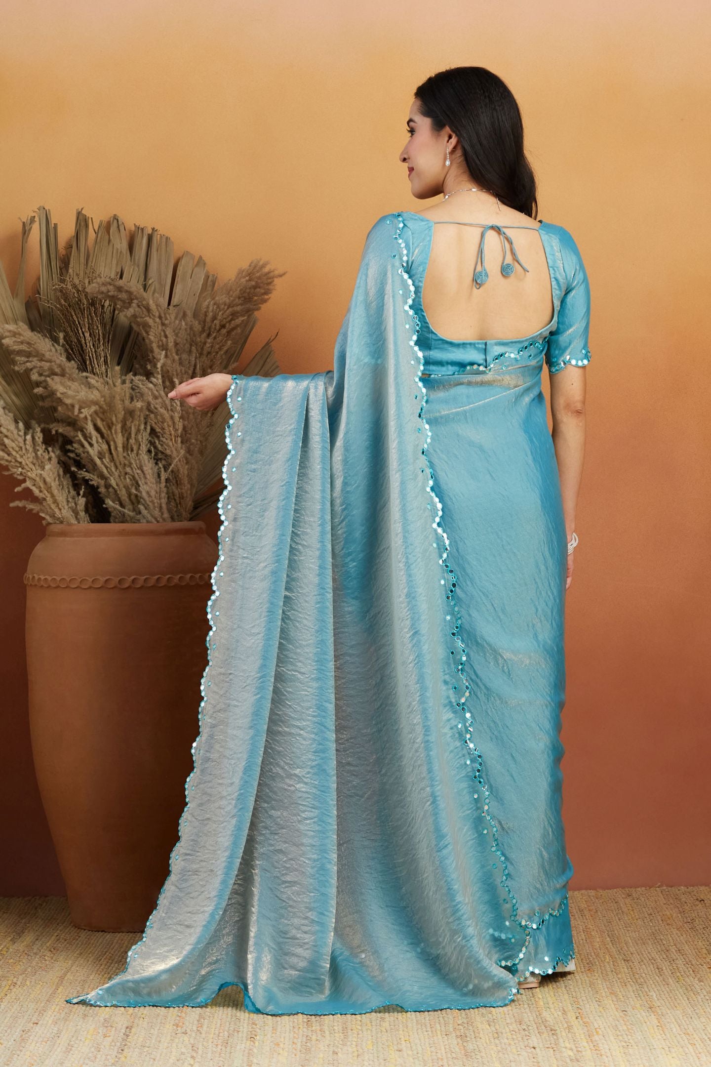Sky Blue Satin Ready-to-Wear Saree: Designer Embroidery Work Border