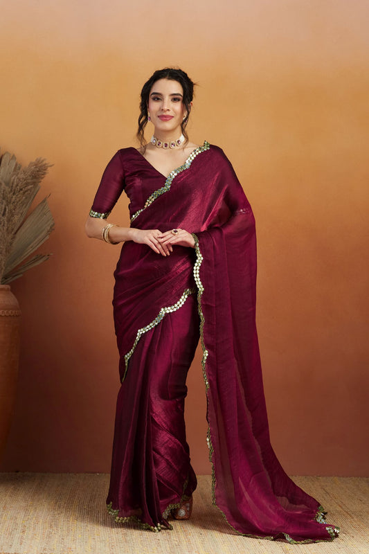 Burgundy Satin Ready-to-Wear Saree: Designer Embroidery Work Border