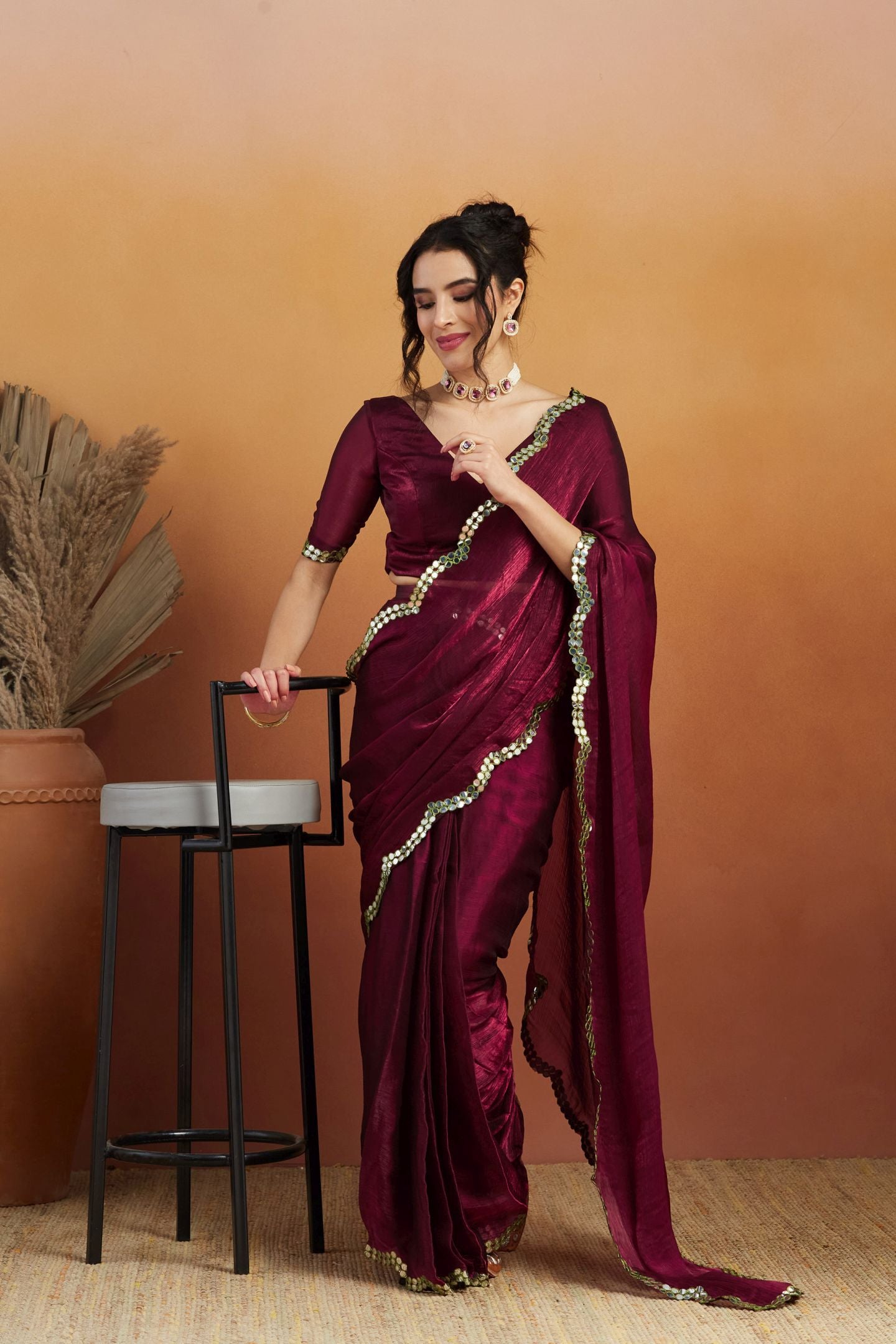 Burgundy Satin Ready-to-Wear Saree: Designer Embroidery Work Border