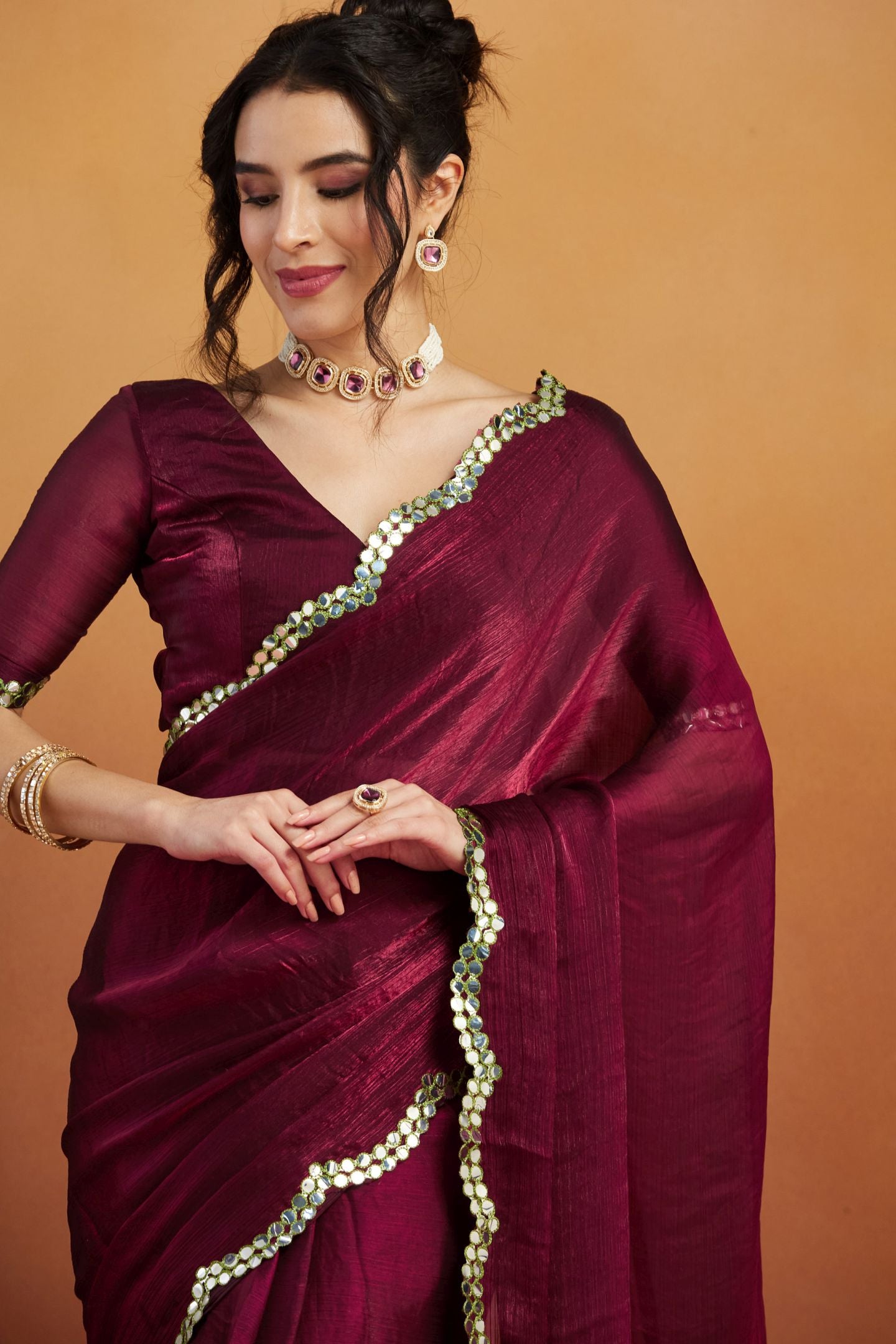 Burgundy Satin Ready-to-Wear Saree: Designer Embroidery Work Border