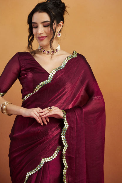 Burgundy Satin Ready-to-Wear Saree: Designer Embroidery Work Border