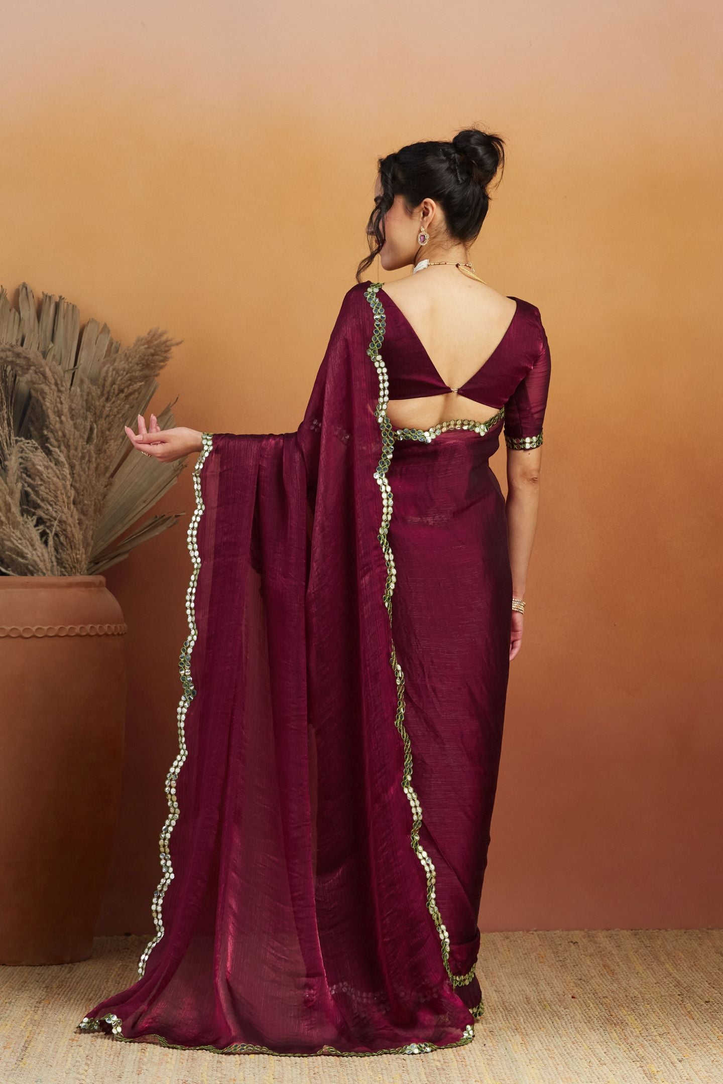 Burgundy Satin Ready-to-Wear Saree: Designer Embroidery Work Border