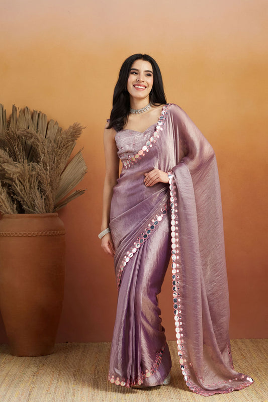 Lavender Satin Ready-to-Wear Saree: Designer Embroidery Work Border
