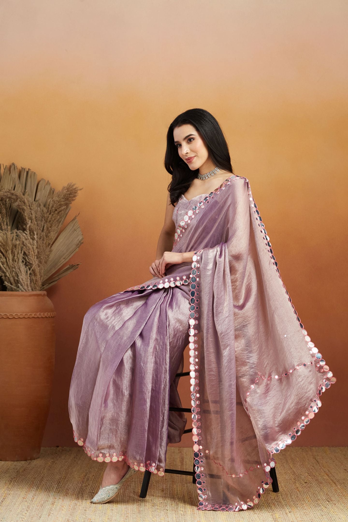 Lavender Satin Ready-to-Wear Saree: Designer Embroidery Work Border
