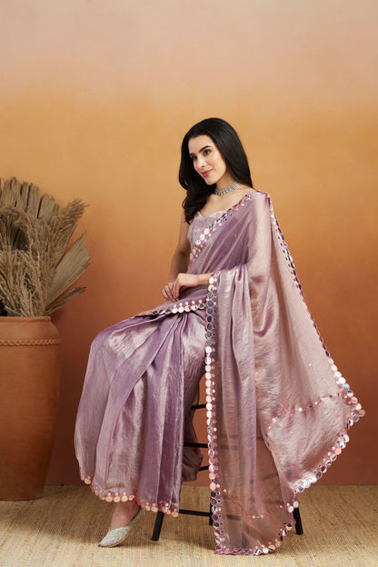 Lavender Satin Ready-to-Wear Saree: Designer Embroidery Work Border
