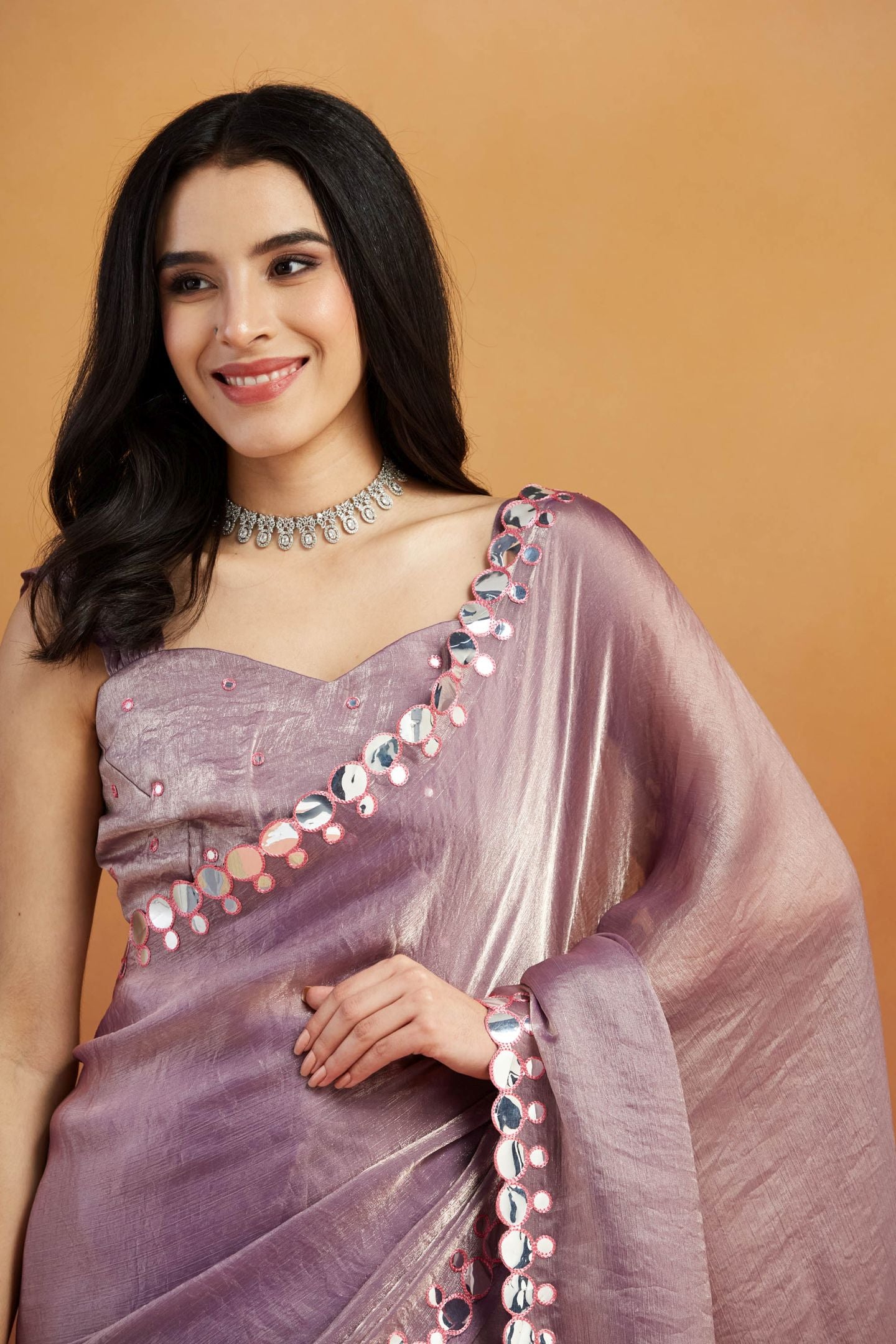 Lavender Satin Ready-to-Wear Saree: Designer Embroidery Work Border