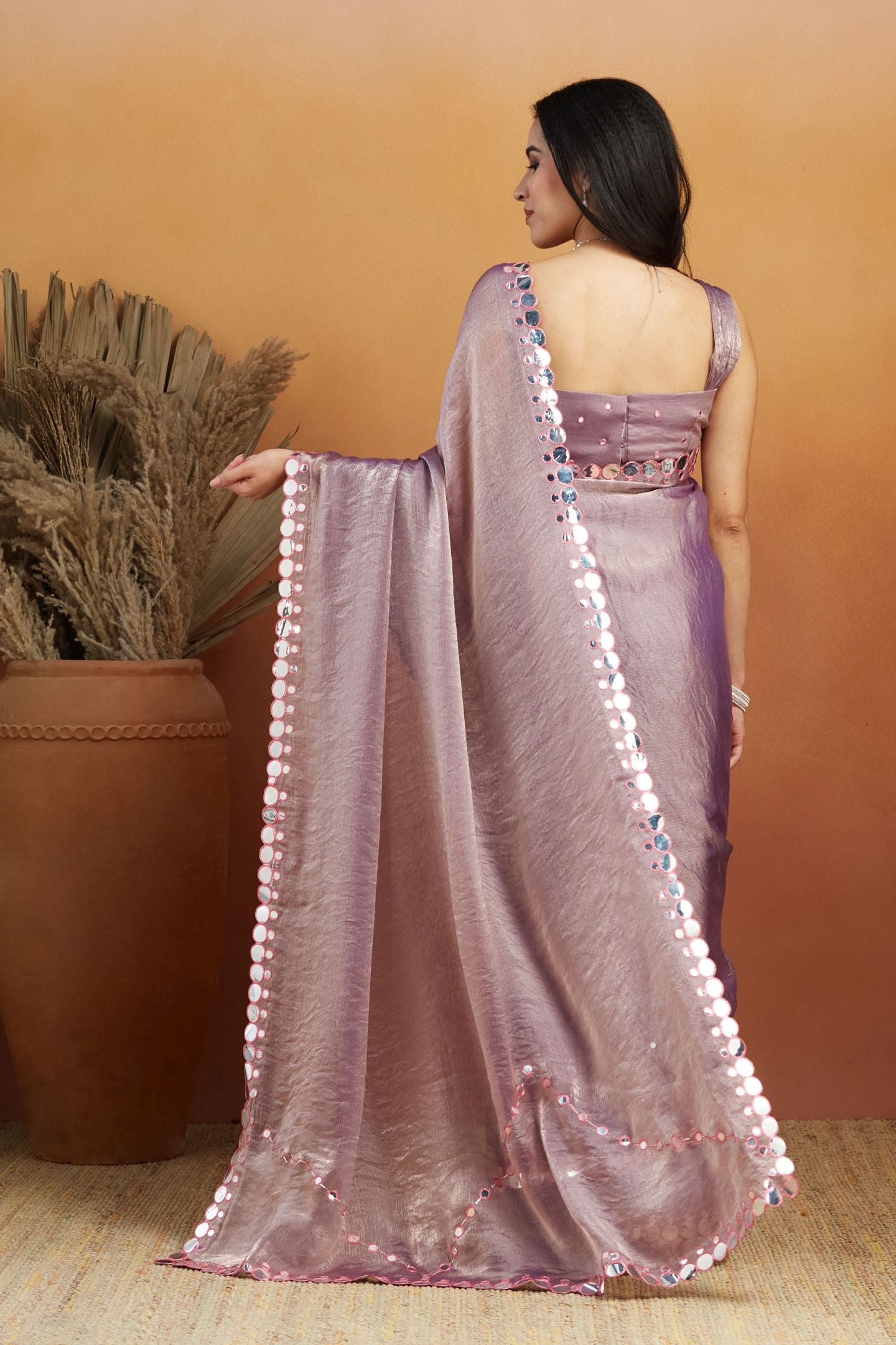 Lavender Satin Ready-to-Wear Saree: Designer Embroidery Work Border
