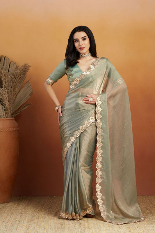 Pista Satin Ready-to-Wear Saree: Designer Embroidery Work Border