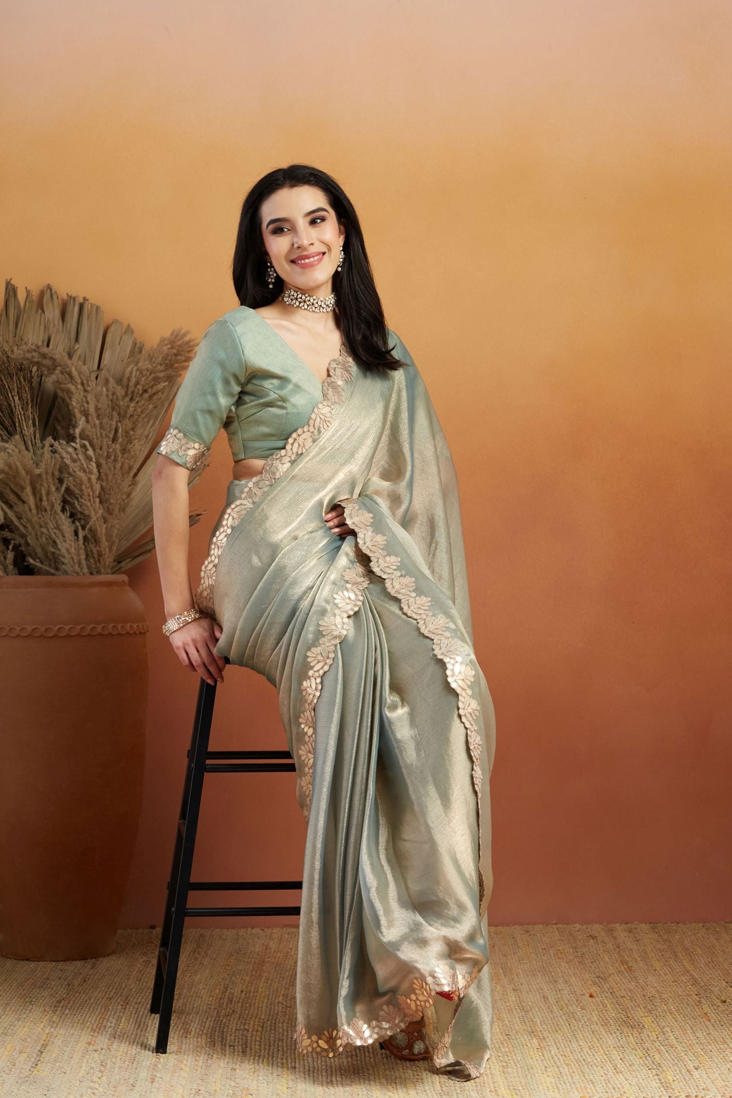 Pista Satin Ready-to-Wear Saree: Designer Embroidery Work Border