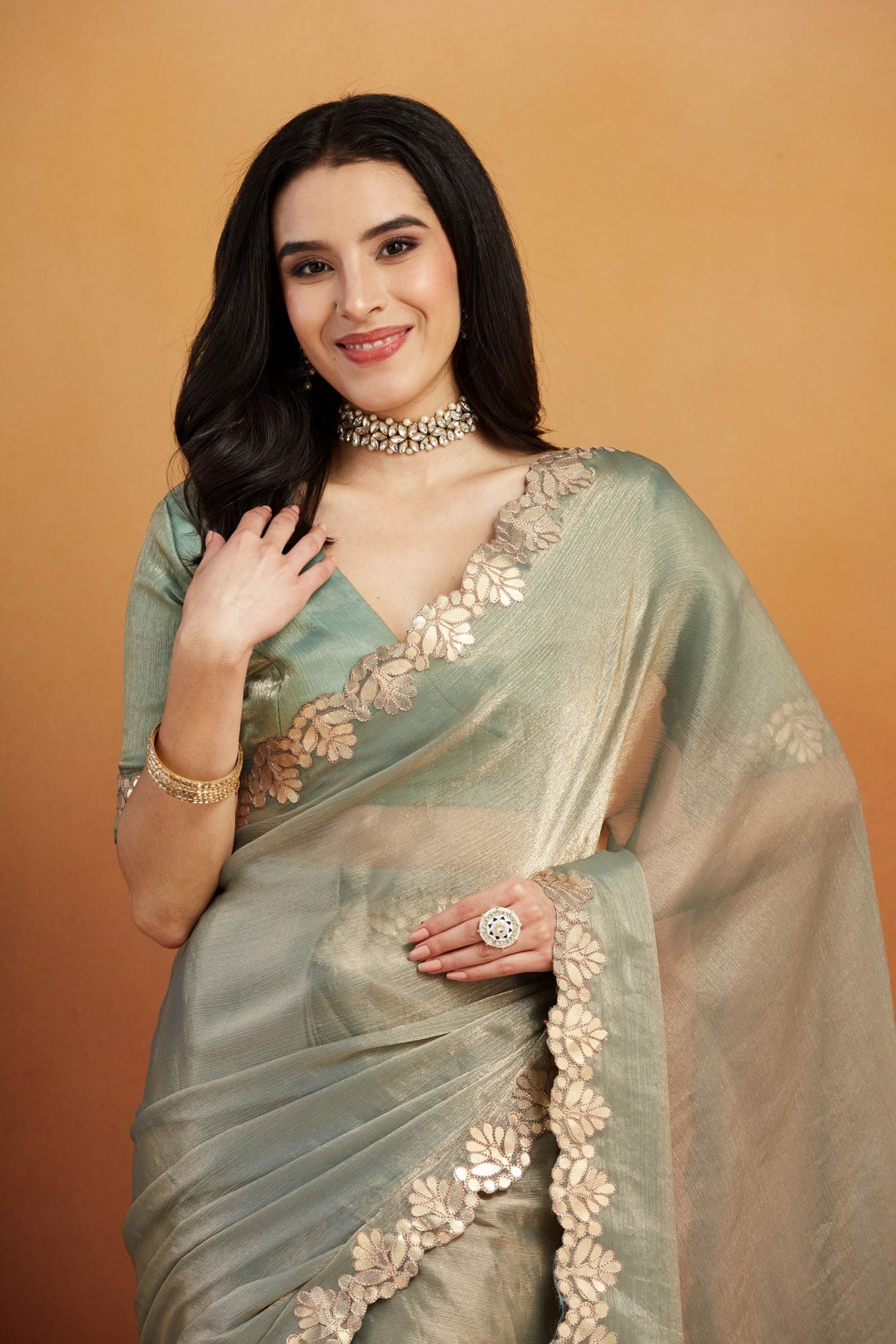 Pista Satin Ready-to-Wear Saree: Designer Embroidery Work Border