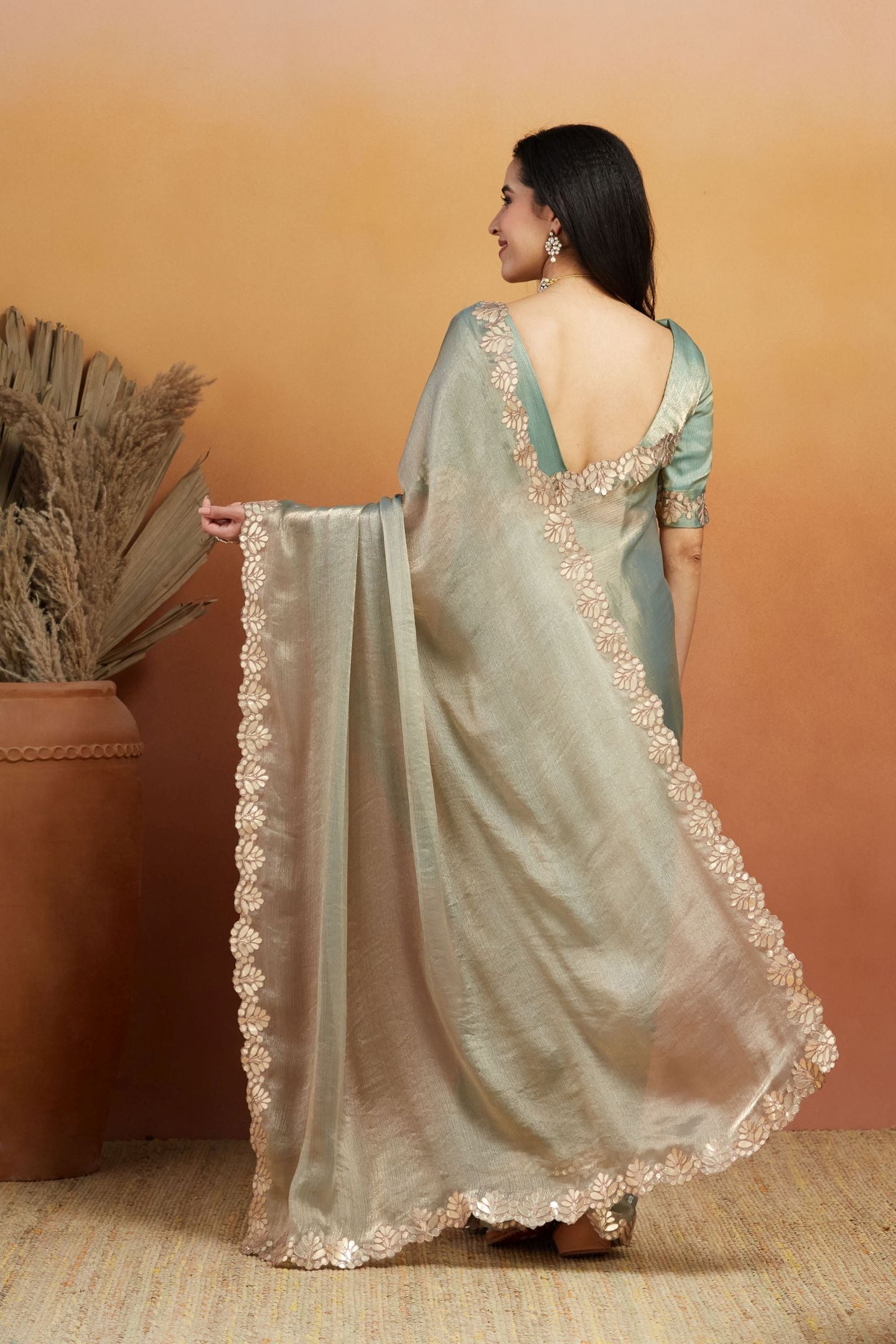 Pista Satin Ready-to-Wear Saree: Designer Embroidery Work Border