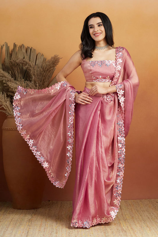 Pink Satin Ready-to-Wear Saree: Designer Embroidery Work Border