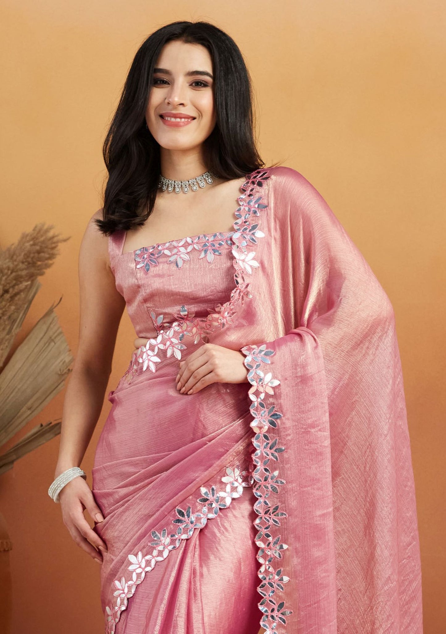 Pink Satin Ready-to-Wear Saree: Designer Embroidery Work Border