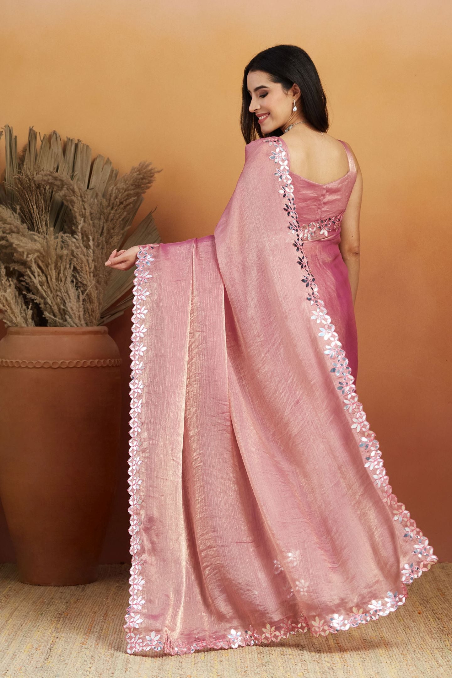Pink Satin Ready-to-Wear Saree: Designer Embroidery Work Border