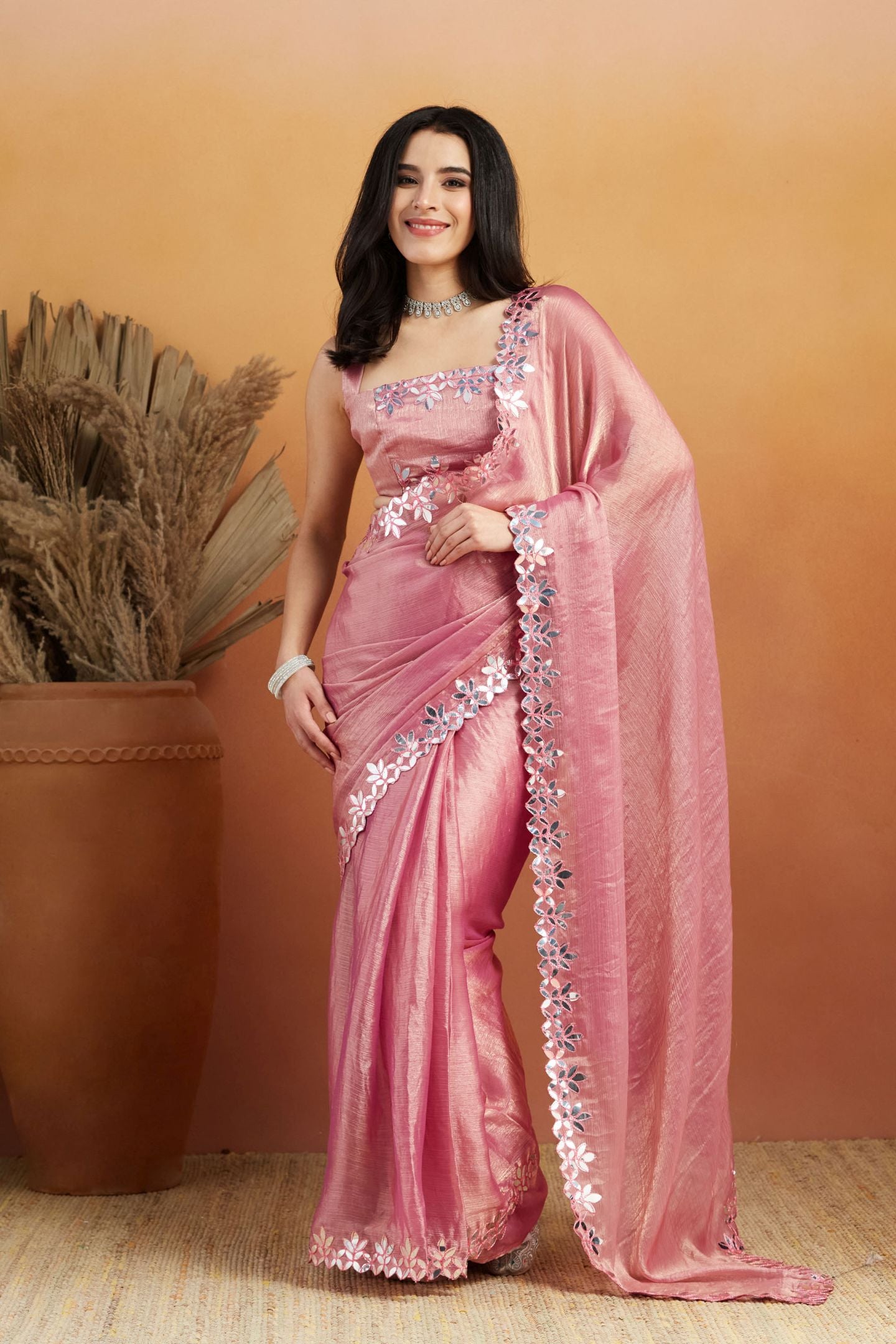 Pink Satin Ready-to-Wear Saree: Designer Embroidery Work Border