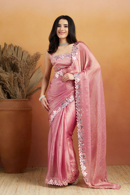 Pink Satin Ready-to-Wear Saree: Designer Embroidery Work Border