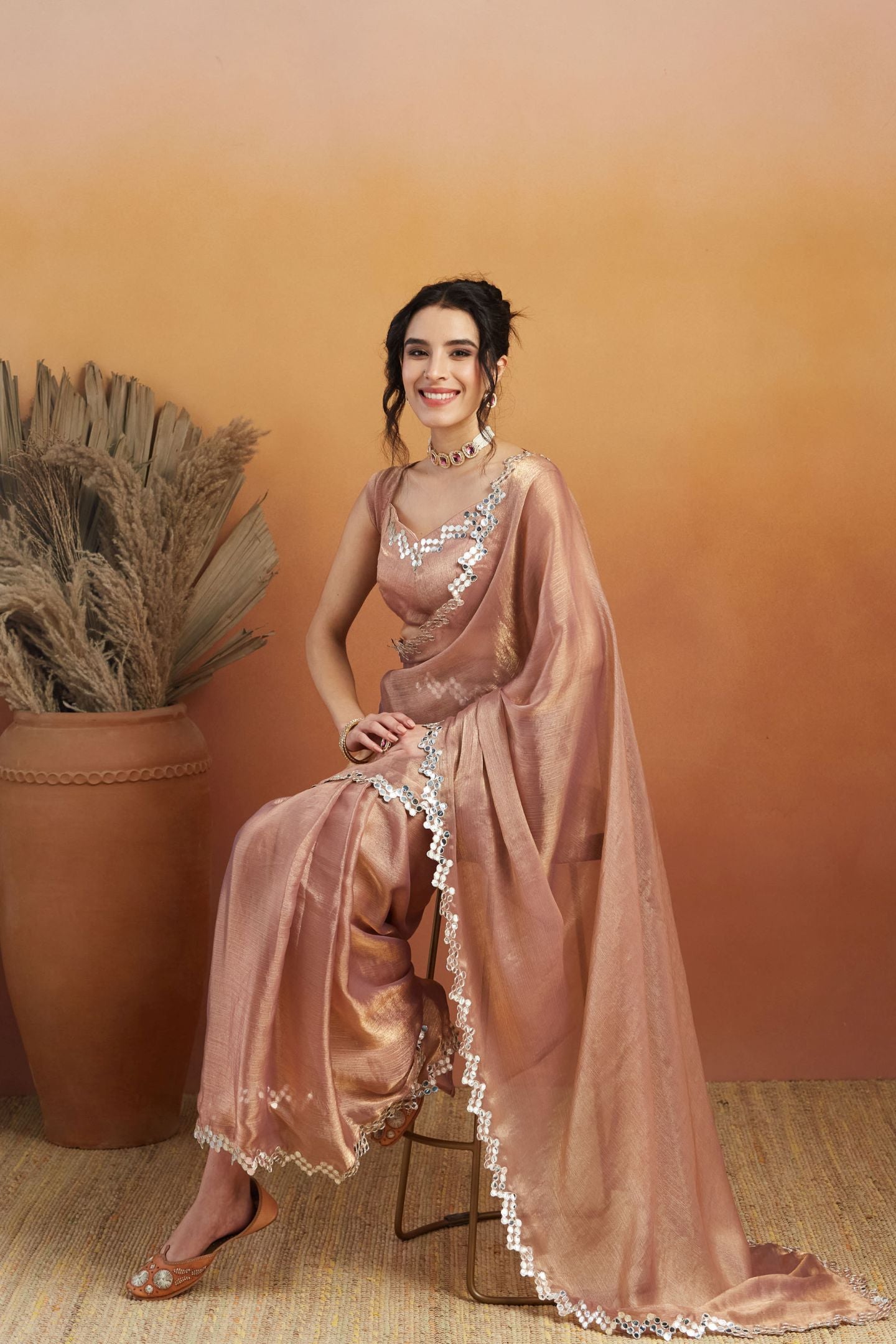 Peach Satin Ready-to-Wear Saree: Designer Embroidery Work Border