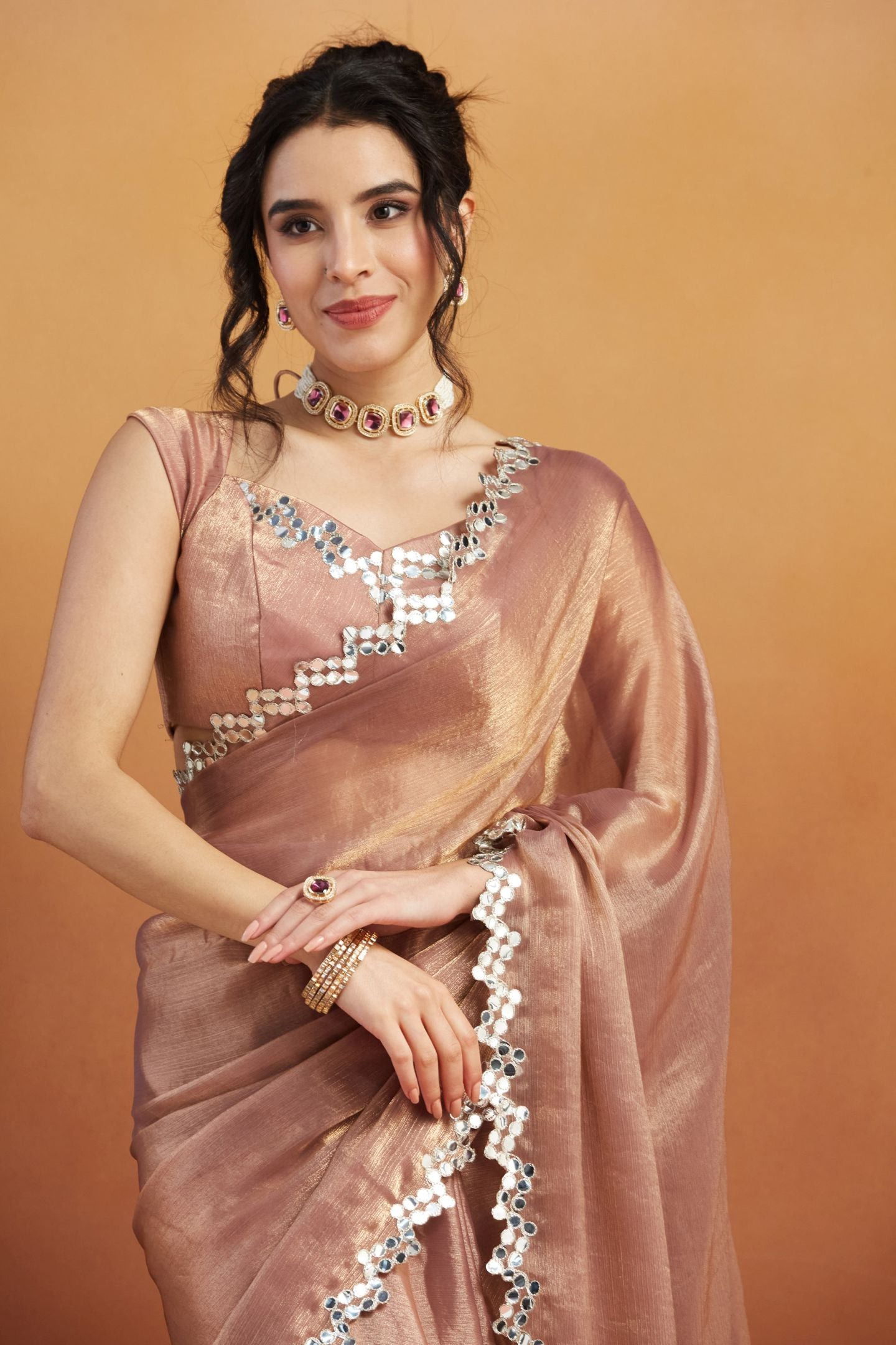 Peach Satin Ready-to-Wear Saree: Designer Embroidery Work Border