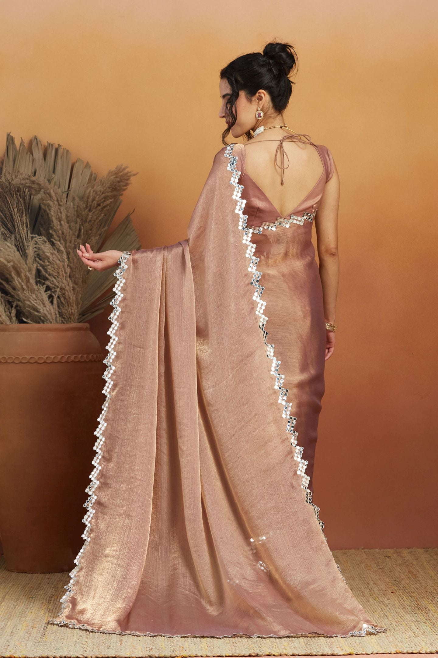 Peach Satin Ready-to-Wear Saree: Designer Embroidery Work Border