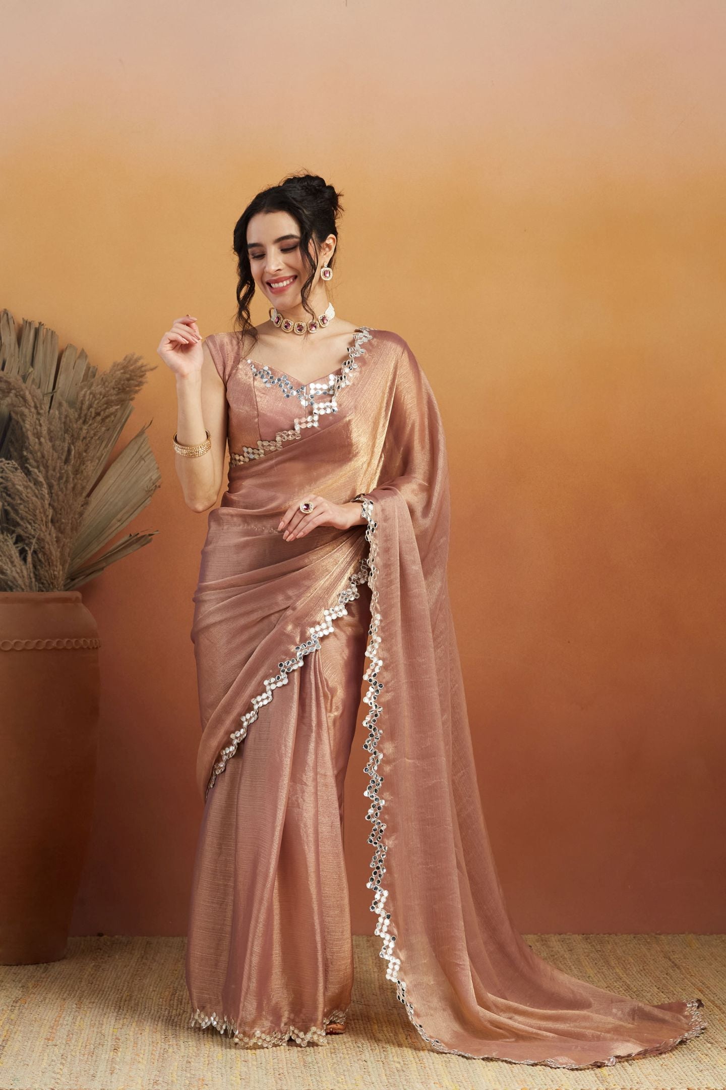 Peach Satin Ready-to-Wear Saree: Designer Embroidery Work Border