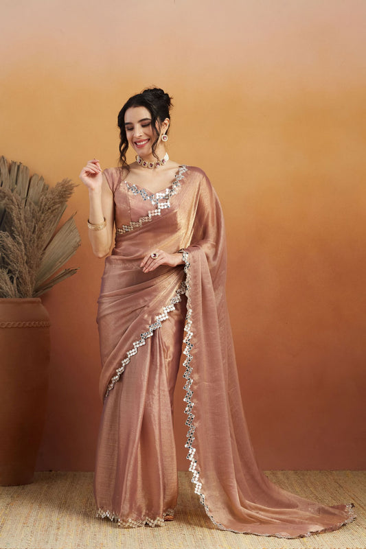 Peach Satin Ready-to-Wear Saree: Designer Embroidery Work Border