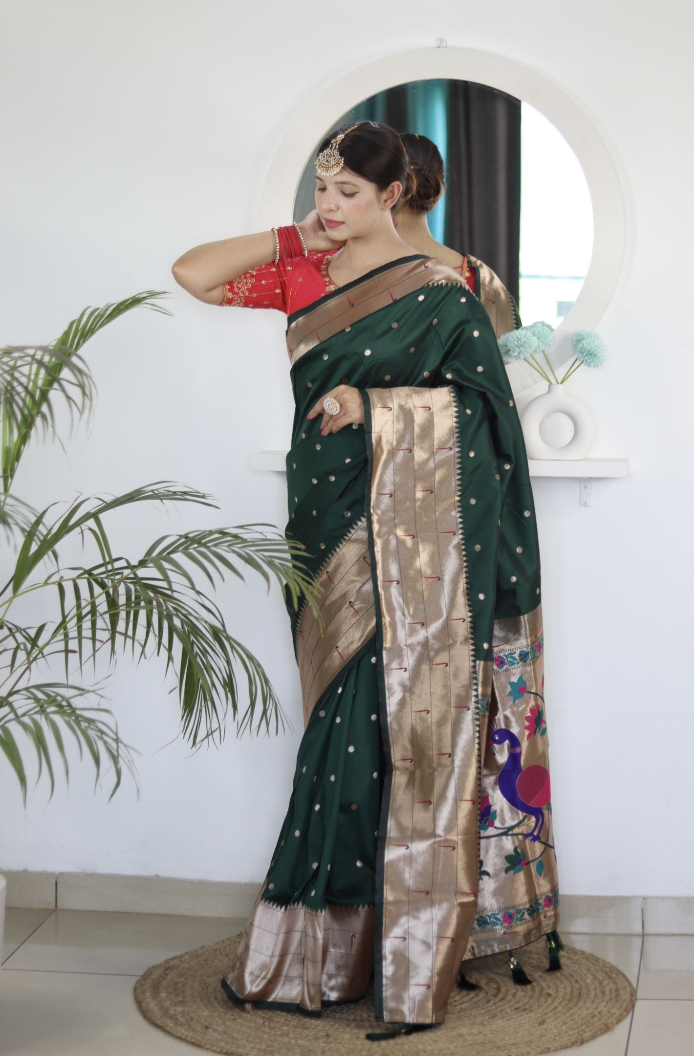 Green Paithani Silk Saree: Woven Jacquard Designer, Embroidery Work Blouse