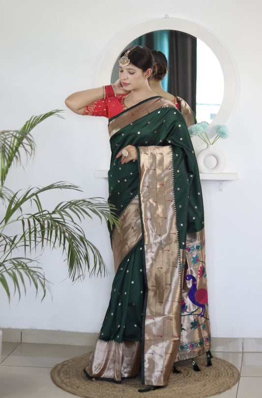 Green Paithani Silk Saree: Woven Jacquard Designer, Embroidery Work Blouse