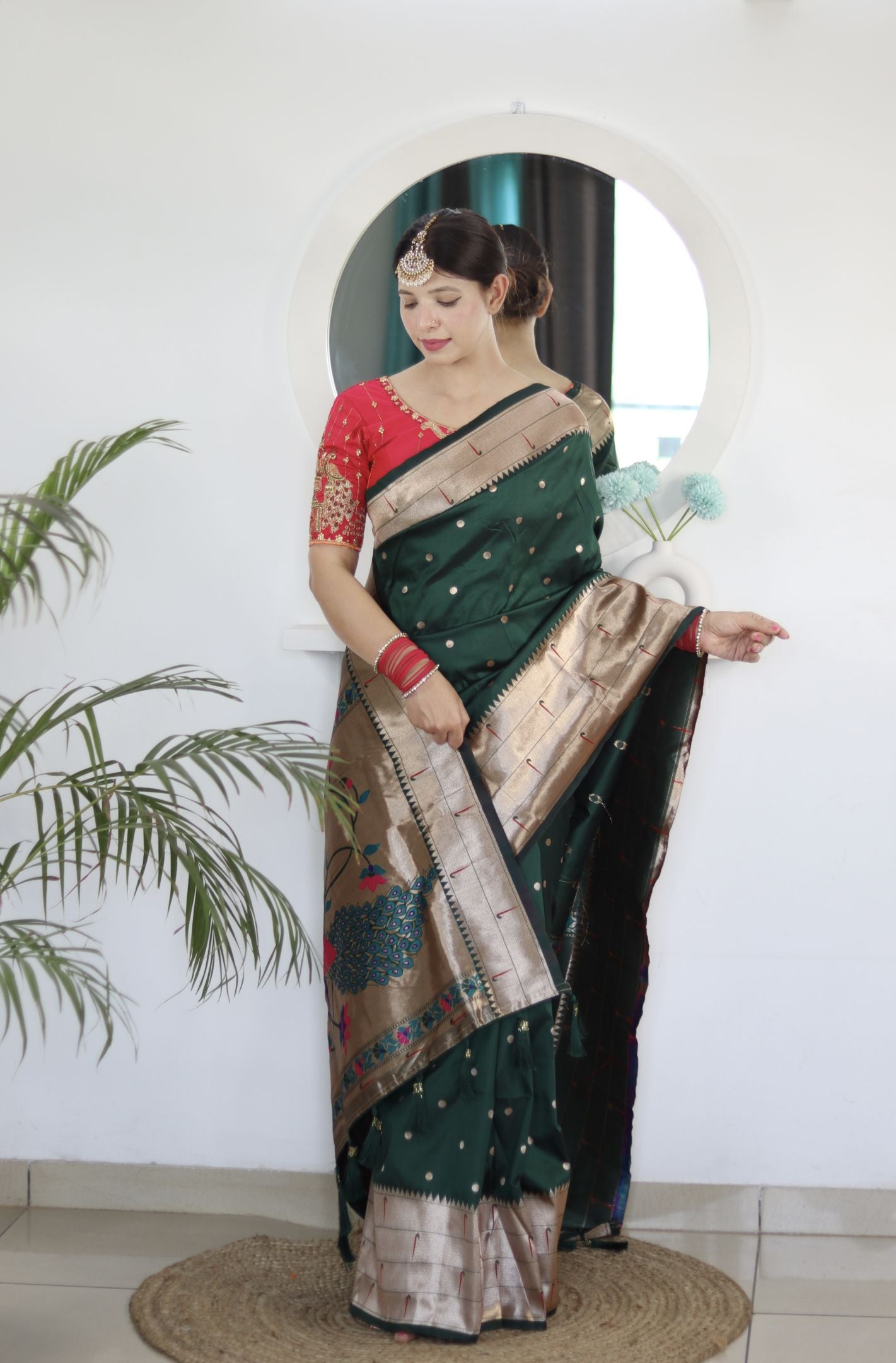 Green Paithani Silk Saree: Woven Jacquard Designer, Embroidery Work Blouse