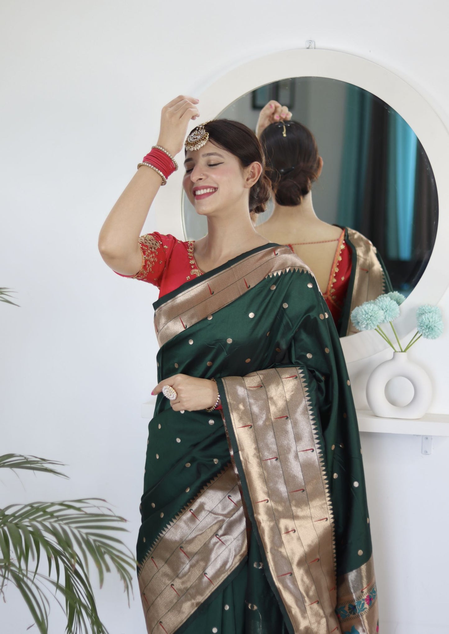 Green Paithani Silk Saree: Woven Jacquard Designer, Embroidery Work Blouse