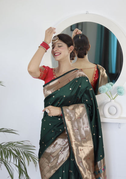 Green Paithani Silk Saree: Woven Jacquard Designer, Embroidery Work Blouse