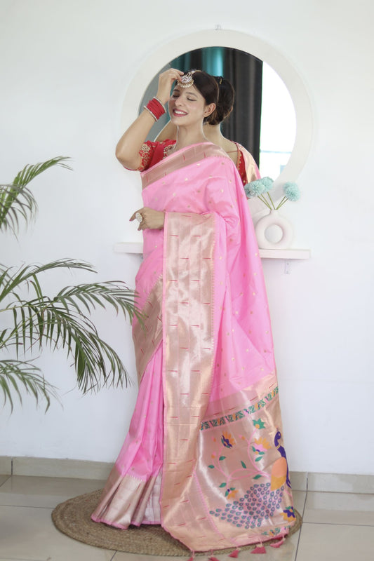 Pink Paithani Silk Saree: Woven Jacquard Designer, Embroidery Work Blouse