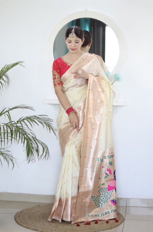 Cream Paithani Silk Saree: Woven Jacquard Designer, Embroidery Work Blouse