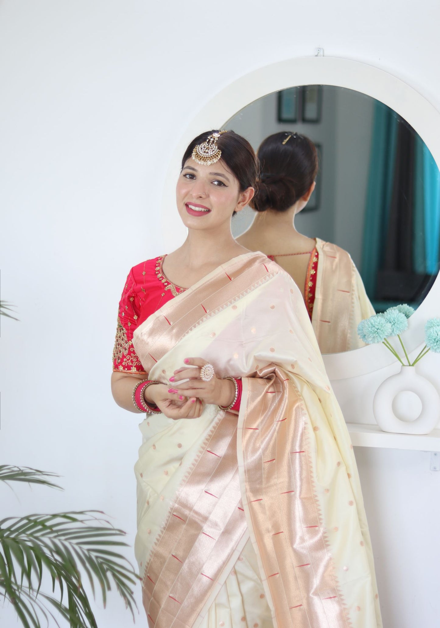 Cream Paithani Silk Saree: Woven Jacquard Designer, Embroidery Work Blouse