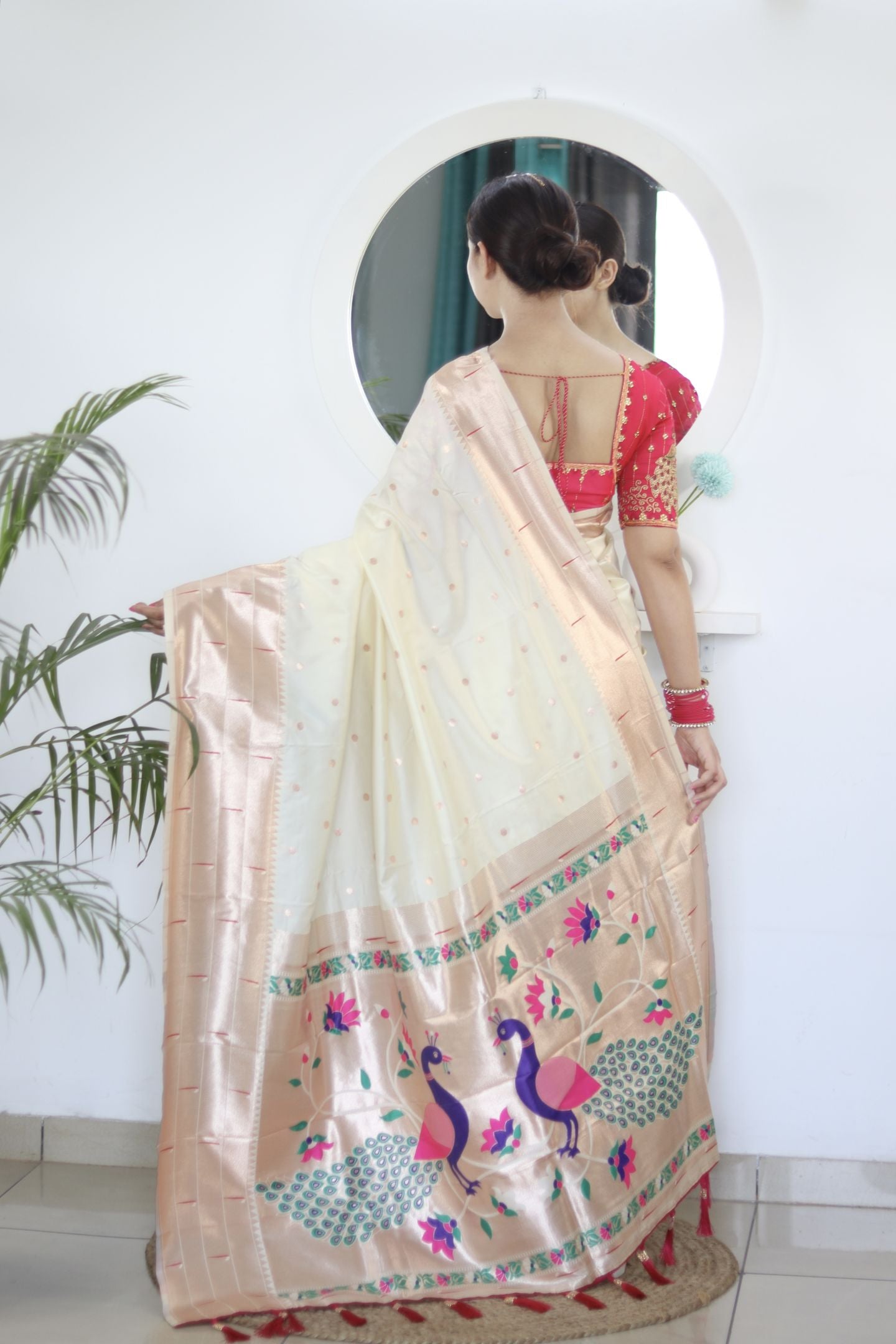 Cream Paithani Silk Saree: Woven Jacquard Designer, Embroidery Work Blouse