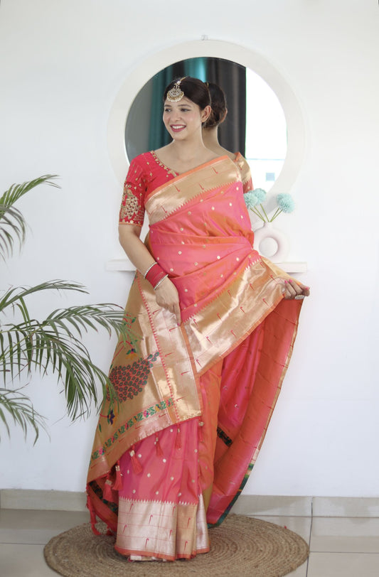 Gajri Paithani Silk Saree: Woven Jacquard Designer, Embroidery Work Blouse