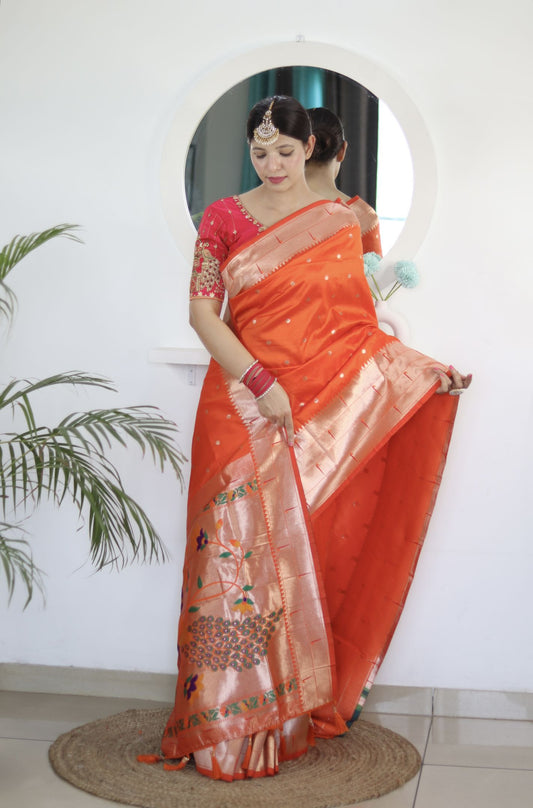 Orange Paithani Silk Saree: Woven Jacquard Designer, Embroidery Work Blouse