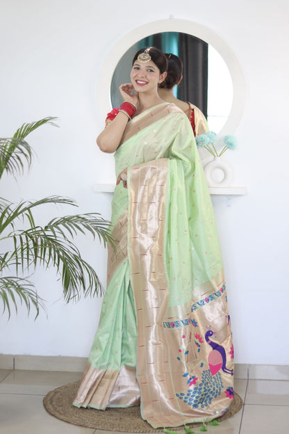 Pista Paithani Silk Saree: Woven Jacquard Designer, Embroidery Work Blouse