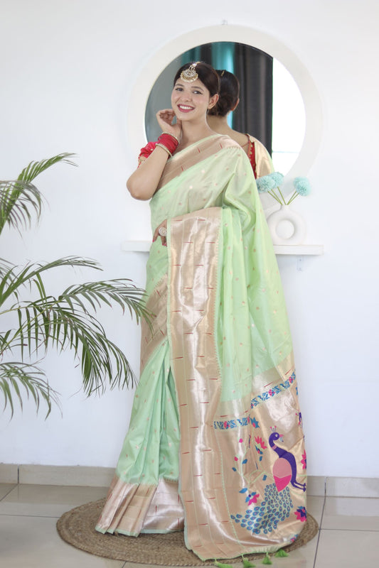 Pista Paithani Silk Saree: Woven Jacquard Designer, Embroidery Work Blouse